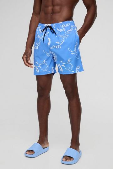 Mid Length Paisley Printed Swim Short blue