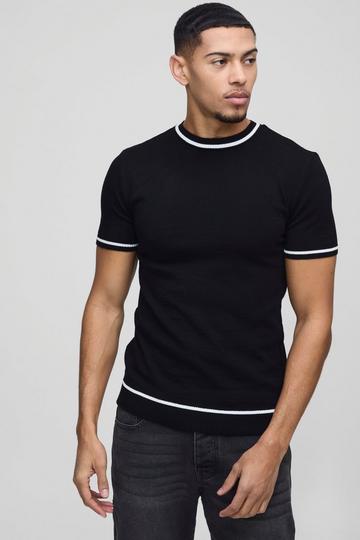 Gebreid Muscle Fit T-Shirt Met Contrasterende Zoom black