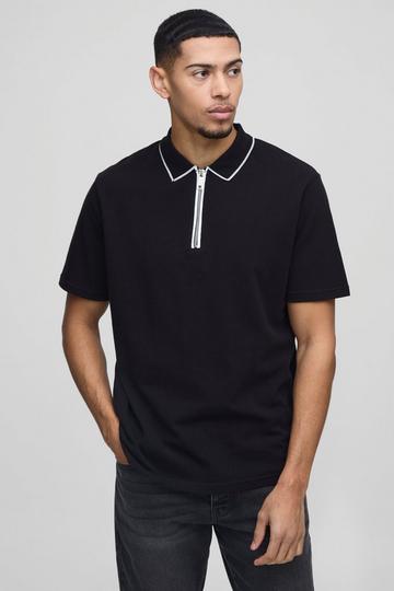 Black Pique Contrast Edge Zip Neck Polo