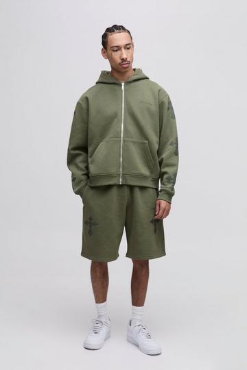 Oversized Boxy Limited Edition Cross Print Hooded Short Tracksuit khaki