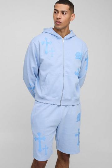 Blue Oversized Boxy Gothic M Cross Print Hooded Zip Through Short Tracksuit