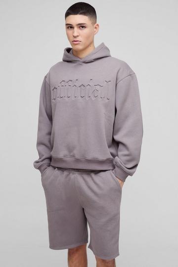 Oversized Boxy Gothic Official Embossed Short Hooded Tracksuit charcoal