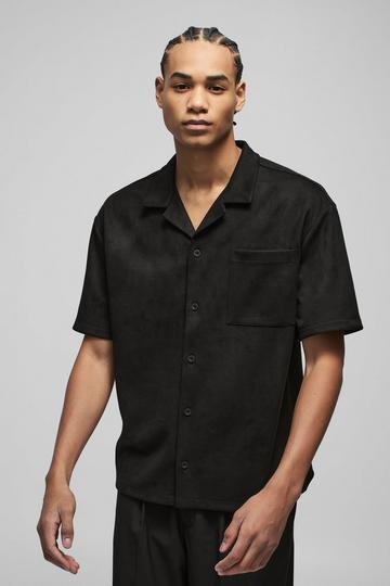 Oversized Faux Suede Revere Neck Shirt black