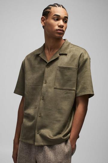 Oversized Faux Suede Revere Neck Shirt khaki