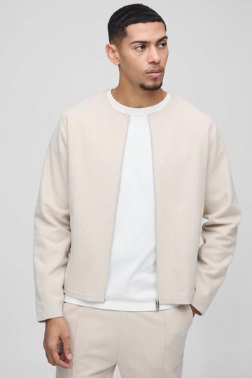 Brushed Zip Through Collarless Jacket stone