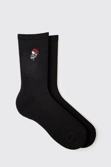 Rose Embroidered Half Terry Socks black