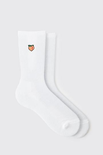 Peach Embroidered Half Terry Socks white