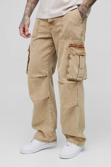 Stone Beige Tall Acid Wash Pleat Knee Cargo Jeans