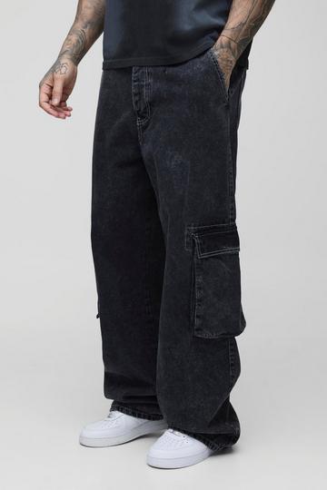 Black Tall Acid Wash Contrast Stitch Cargo Jeans