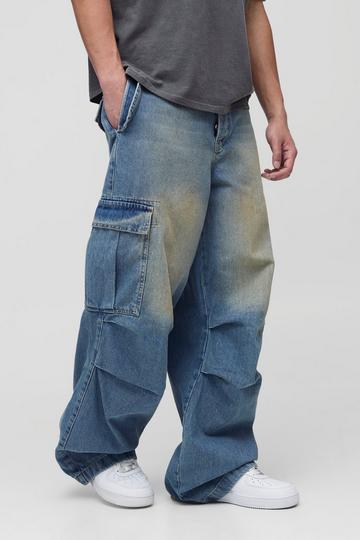 Tall Pleat Knee Baggy Cargo Jeans mid wash