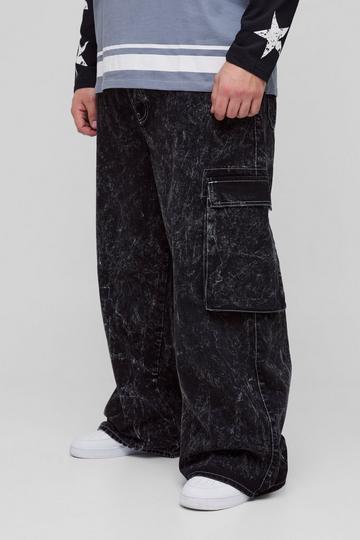 Plus Acid Wash Gebleekte Cargo Jeans Met Contrasterende Stiksels washed black