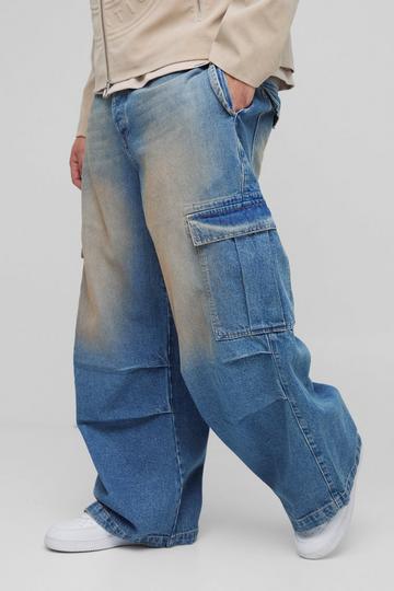 Plus Pleat Knee Baggy Cargo Jeans mid wash