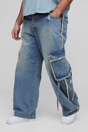 Plus Fray Seam Slanted Cargo Pocket Relaxed Fit Jeans stonewash