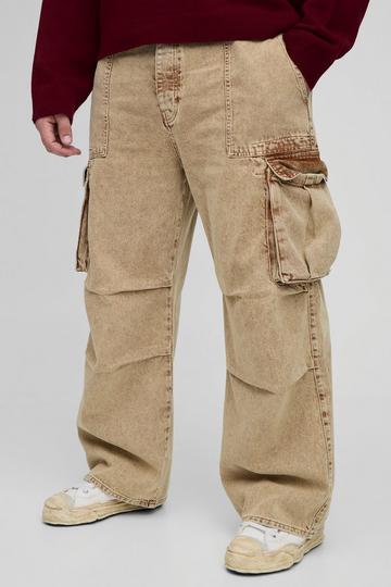 Stone Beige Plus Acid Wash Pleat Knee Cargo Jeans