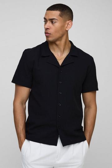 Regular Fit Linen Look Revere Short Sleeve Shirt black