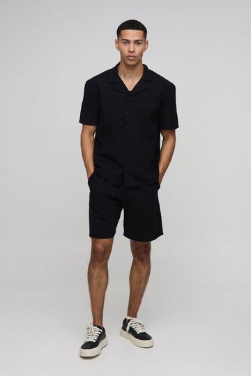 Oversized Linen Look Revere Shirt & Relaxed Short Set black