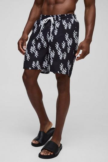 Black Regular Print Mid Length Abstract Printed Swim Short