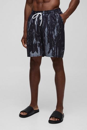 Black Regular Fit Mid Length Abstract Leaf Print Swim Short