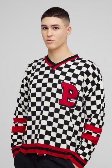 Boxy V Neck Boxy Distressed Checked Varsity Jumper black