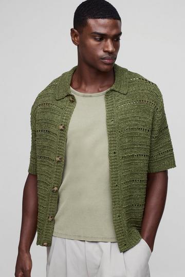 Oversized Boxy Crochet Look Tape Yarn Knitted Shirt olive