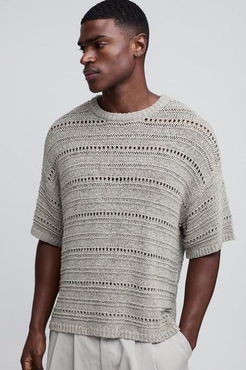 Oversized Boxy Crochet Look Tape Yarn Knitted T-Shirt grey