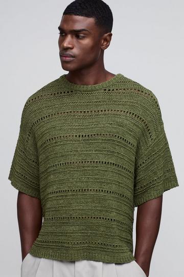 Oversized Boxy Crochet Look Tape Yarn Knitted T-Shirt olive