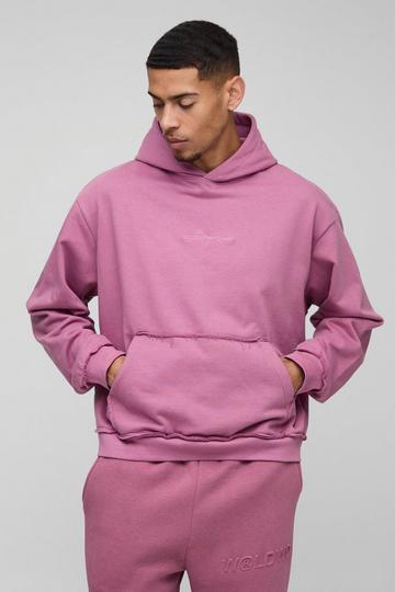 Oversized Boxy Raw Edge Loopback Embroidered Hoodie mauve