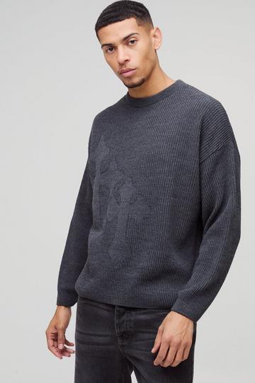 Relaxed Fit Ribbed Cross Knitted Jumper charcoal