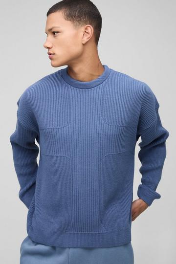 Boxy Fit Ribbed Cross Crew Neck Knitted Jumper blue