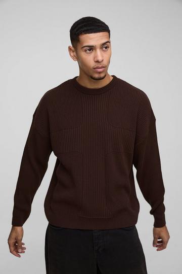 Relaxed Fit Ribbed Cross Crew Neck Knitted Jumper brown