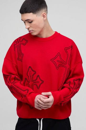 Oversized Boxy Cross Crew Neck Knitted Jumper red