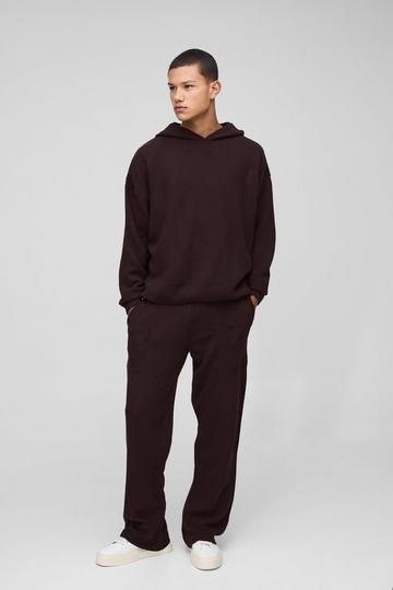 Oversized Stitch Interest Knitted Hooded Tracksuit chocolate