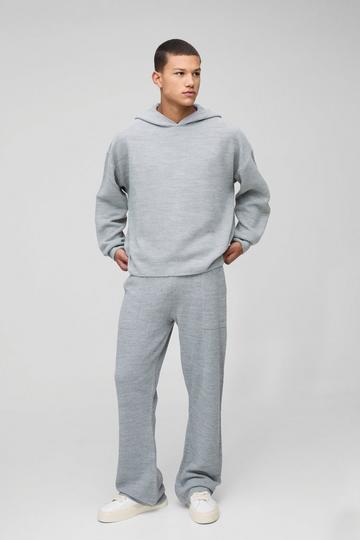 Oversized Stitch Interest Knitted Hooded Tracksuit light grey