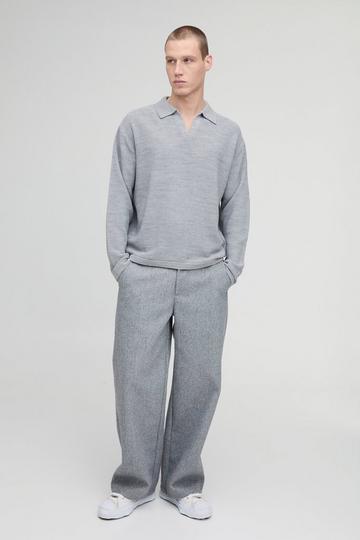 Oversized Stitch Interest Knitted Polo Set light grey