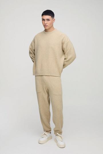 Stone Beige Oversized Boxy Boucle Basket Stitch Knitted Sweat Tracksuit