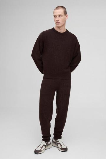 Oversized Boxy Boucle Basket Stitch Knitted Sweat Tracksuit chocolate