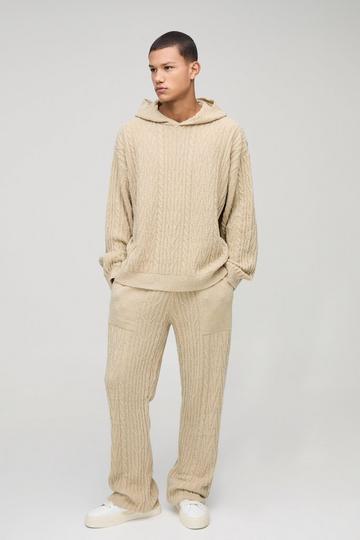 Stone Beige Oversized Boxy Boucle Mixed Cable Knitted Hooded Tracksuit