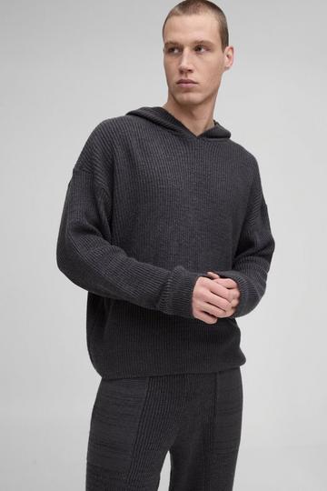 Oversized Geborstelde Geribbelde Gebreide Boxy Hoodie charcoal