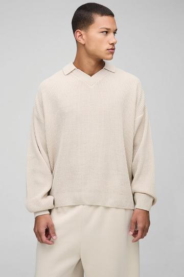 Oversized Gebreide Boxy Trui Met Dubbele Kraag stone
