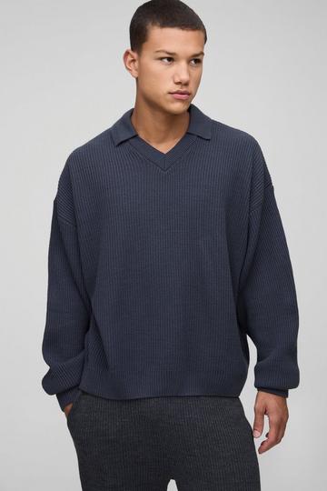 Oversized Boxy Double Collar Detail Knitted Jumper charcoal