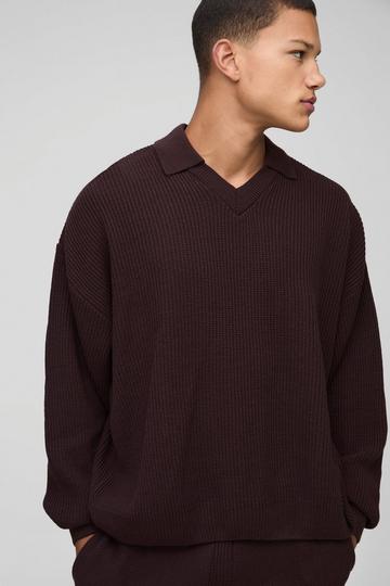 Oversized Boxy Double Collar Detail Knitted Jumper chocolate