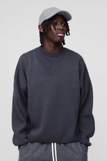 Oversized Gebreide Boxy Trui Met V-Hals charcoal