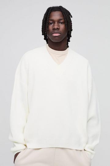 Oversized Boxy V Neck Knitted Jumper ecru