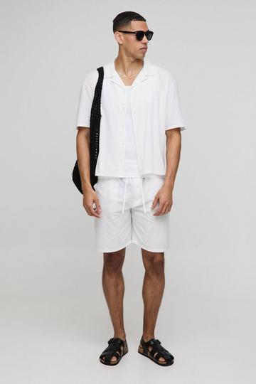 Oversized Boxy Linnen Look Overhemd Met Revers Kraag En Shorts Set white