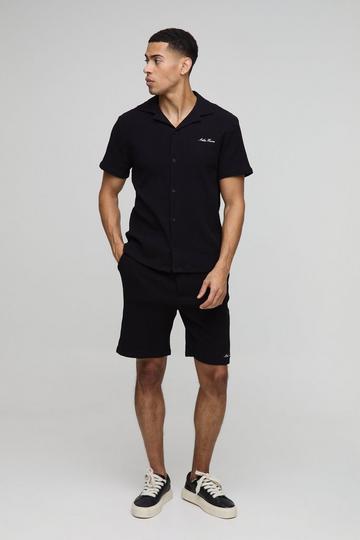 Atelier Homme Regular Fit Seersucker Crinkle Revere Shirt & Short Set black