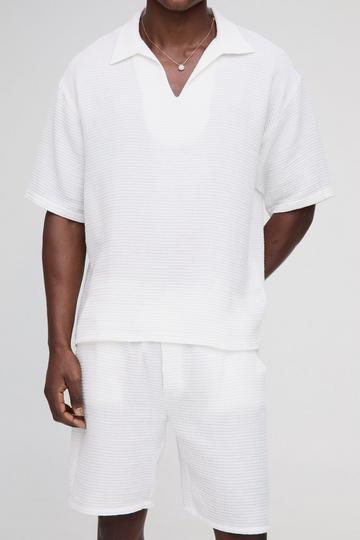 White Overhead V-Neck Waffle Shirt & Short Set