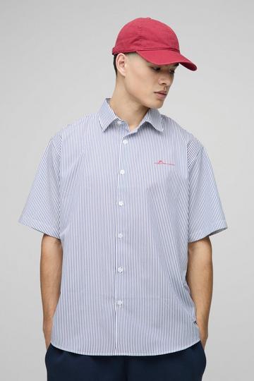 Man Super Oversized Stripe Cotton Short Sleeve Shirt blue