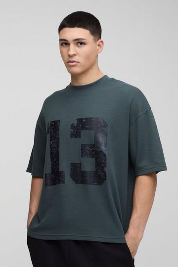 Oversized Boxy Extended Neck 13 Waffle Print T-Shirt charcoal