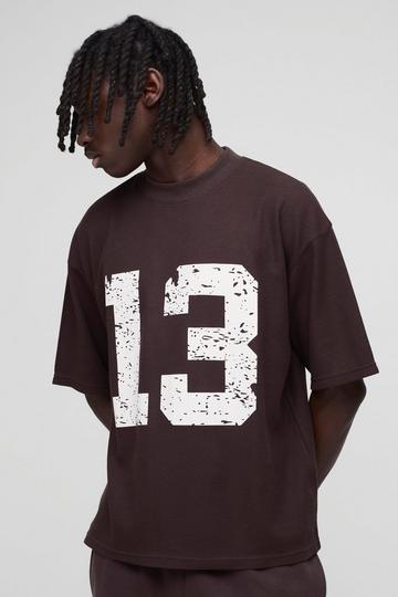 Oversized Boxy Extended Neck 13 Waffle Print T-Shirt chocolate