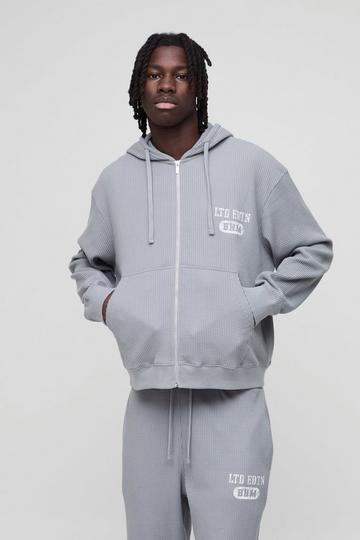 Oversized Boxy Waffle Print Zip Through Hoodie grey